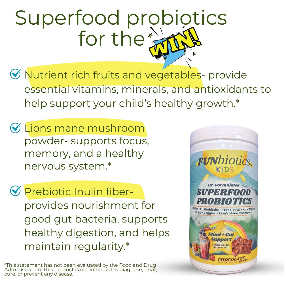 Funbiotics Superfood Probiotic with Lion's Mane – Chocolate, Sugar-Free | For Kids & Adults - Funbiotics